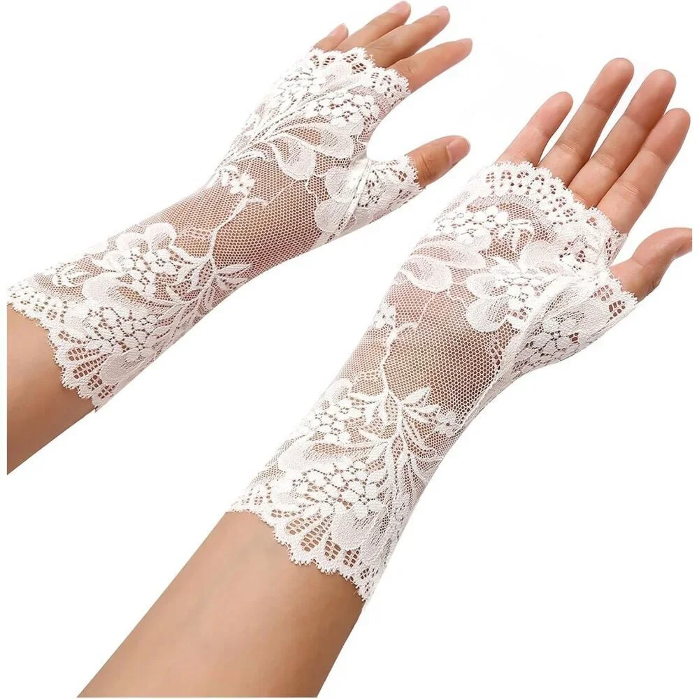 Women Evening Fingerless Short Wrist White Lace Gloves Party Prom Cosplay